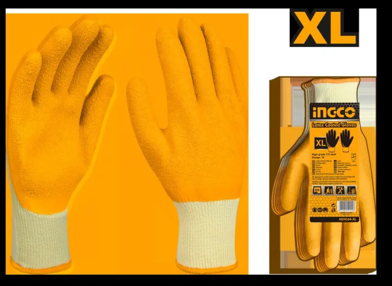 Латексные перчатки Ingco с манжетой, модель HGVL04-XL, размер XL