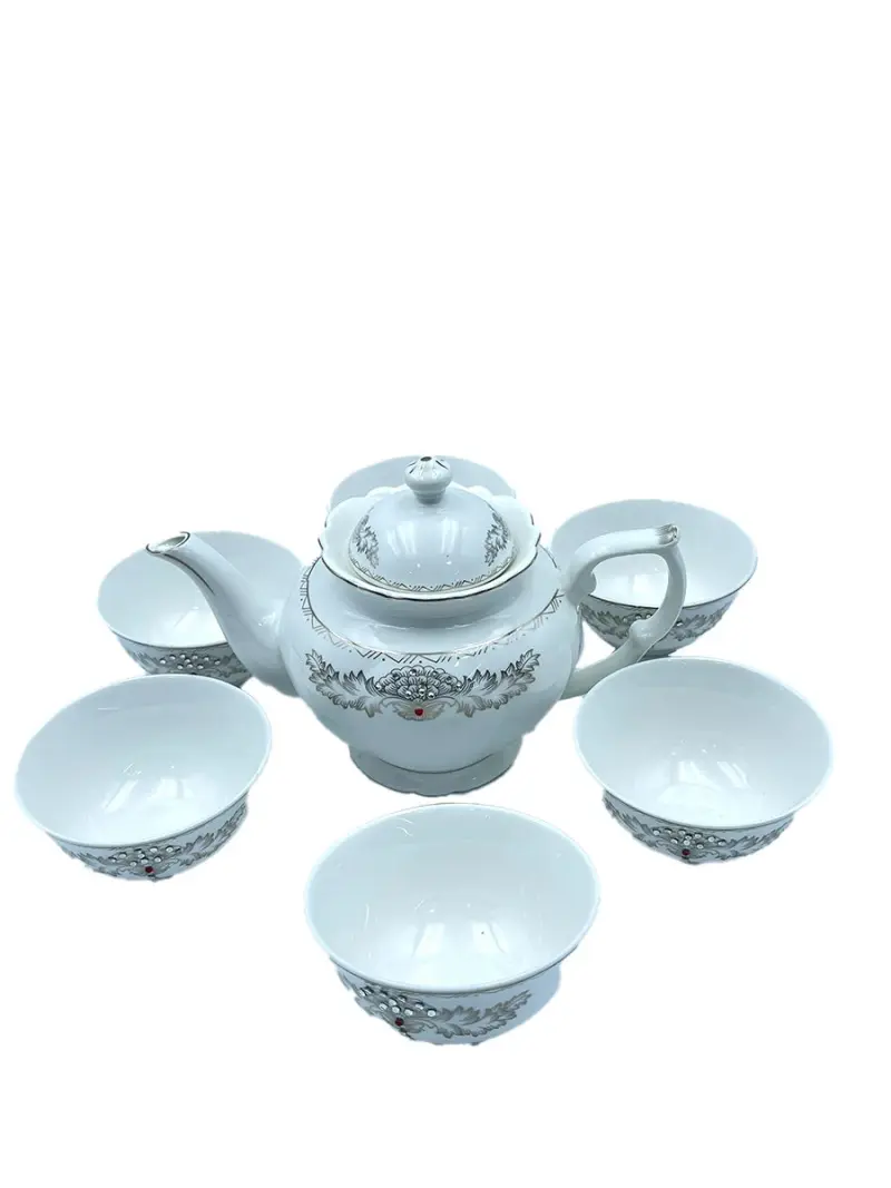 MAR MAR-1122 | Tea Set White Rhinestone Lace 1 Teapot 6 Bowls