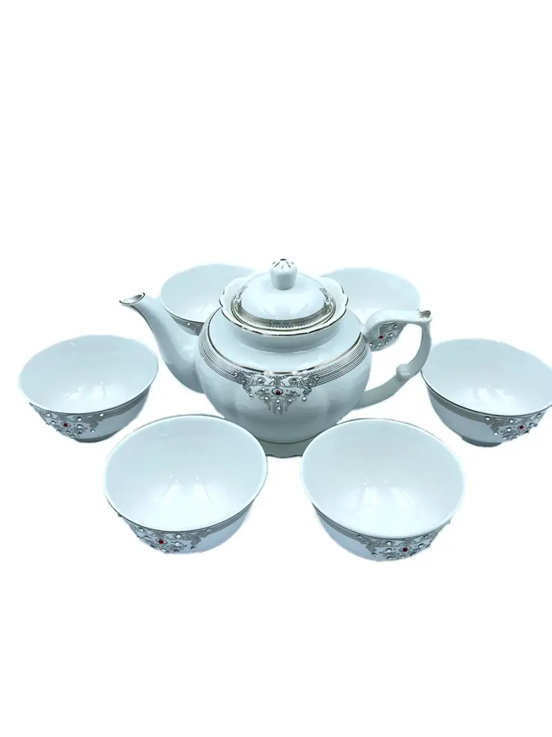 MAR MAR-1129 | Tea Set with Heart Rhinestones 1 Teapot 6 Bowls