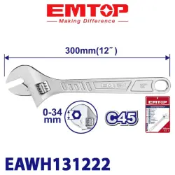 Emtop EAWH131222 | Adjustable Wrench 300mm Chrome-Vanadium Steel
