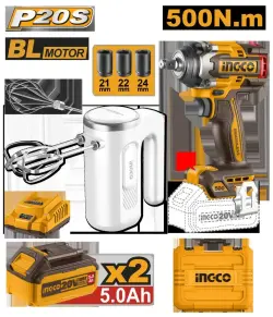 Ingco 20V Combo Boltowyort 500Nm & 7.4V 60W Mixer Set, Wireless, 2 pcs, COSLI240787