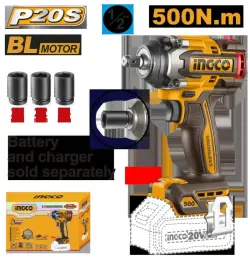 Ingco 20V Cordless Impact Wrench Boltowyort BL 500Nm CIWLI20501