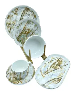 MLD MLD513-31 | Dining Set 32 pcs Six-Person White-Brown-Marble-Gold