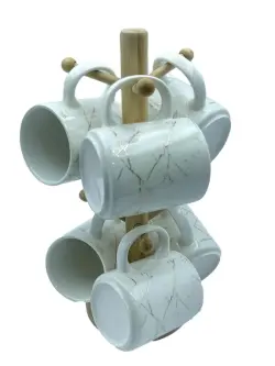 JD JD7671-H28 | Набор кружек 7 шт белый овальный с золотом и бамбуковой подставкой