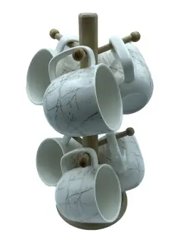 JD7959 JD7959-H28 | Mug Set 7 pcs White with Gold Accents & Bamboo Stand