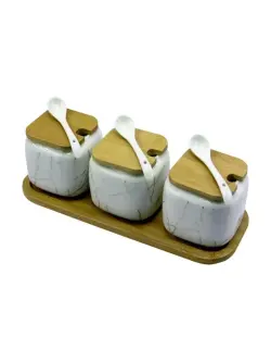 JA JA7735-H28 | Spice Set White Ceramic 3 Cups with Bamboo Base